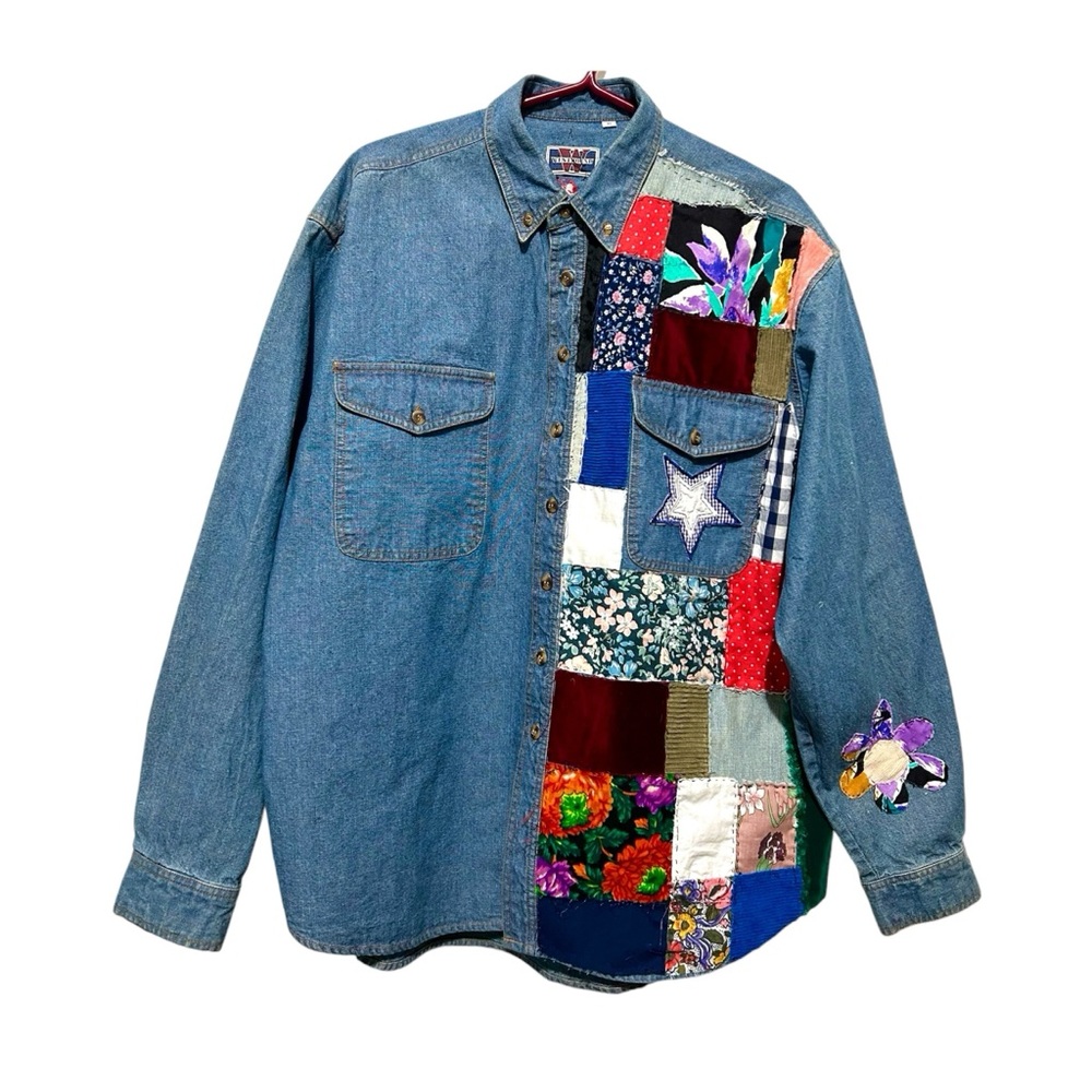 Vintage 90s Patchworked Denim Shirt Unisex Hand Stitched Multicolour Blue XL XXL